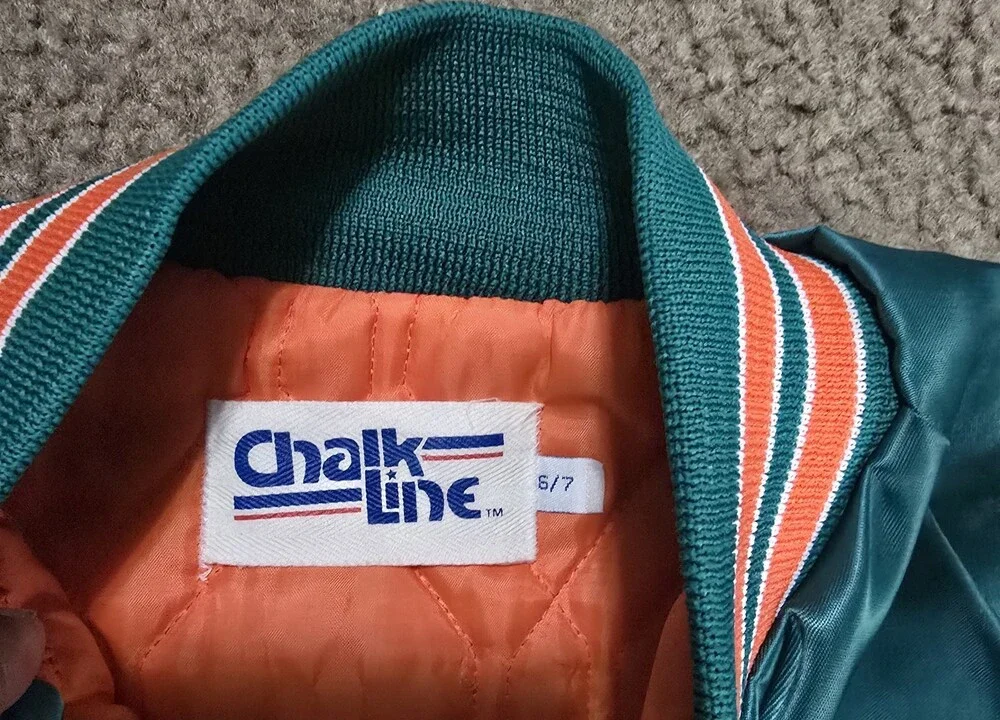 VTG 90s NFL MIAMI DOLPHINS CHALK LINE SATIN JACKET BOMBER SPELLOUT KIDS SZ 6/7